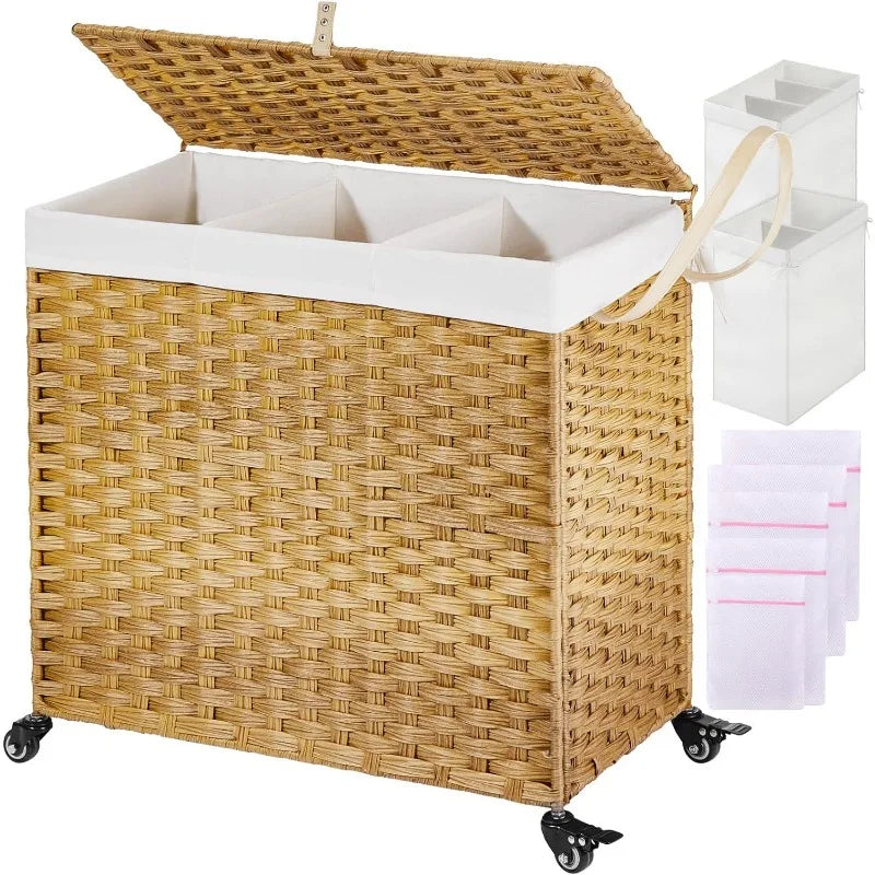 Cravinc 125L Large 3-Section Laundry Hamper with Wheels, Lid, and Removable Liner Bags