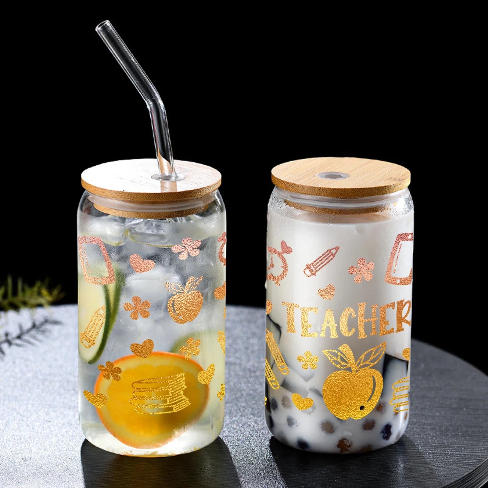 Cravinc 16oz Glass Can with Bamboo Lid & Straw: Teacher's Day Gift Summer Drinkware