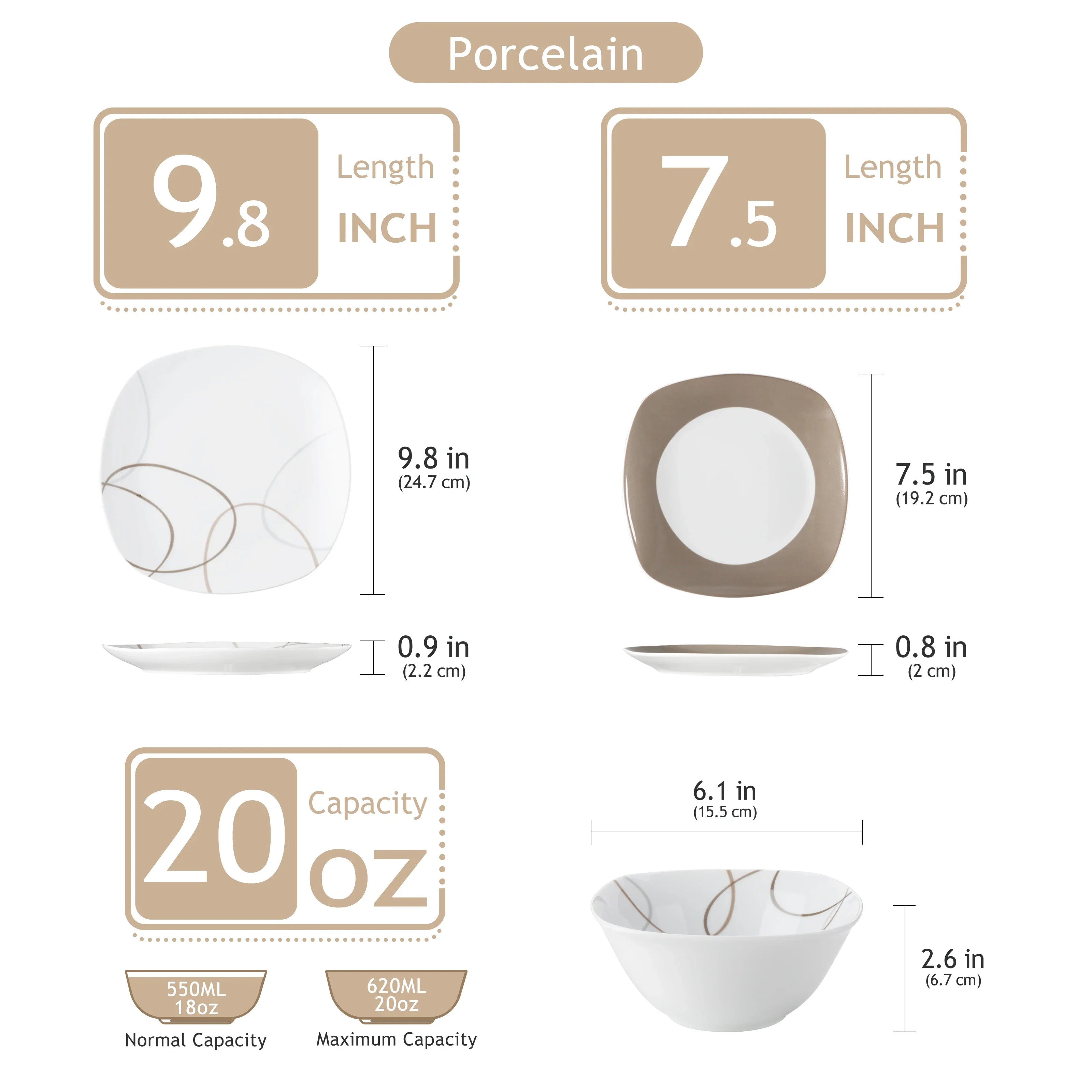 Cravinc 12/24-Piece White Porcelain Dinner Set with Brown Lines for 4/8