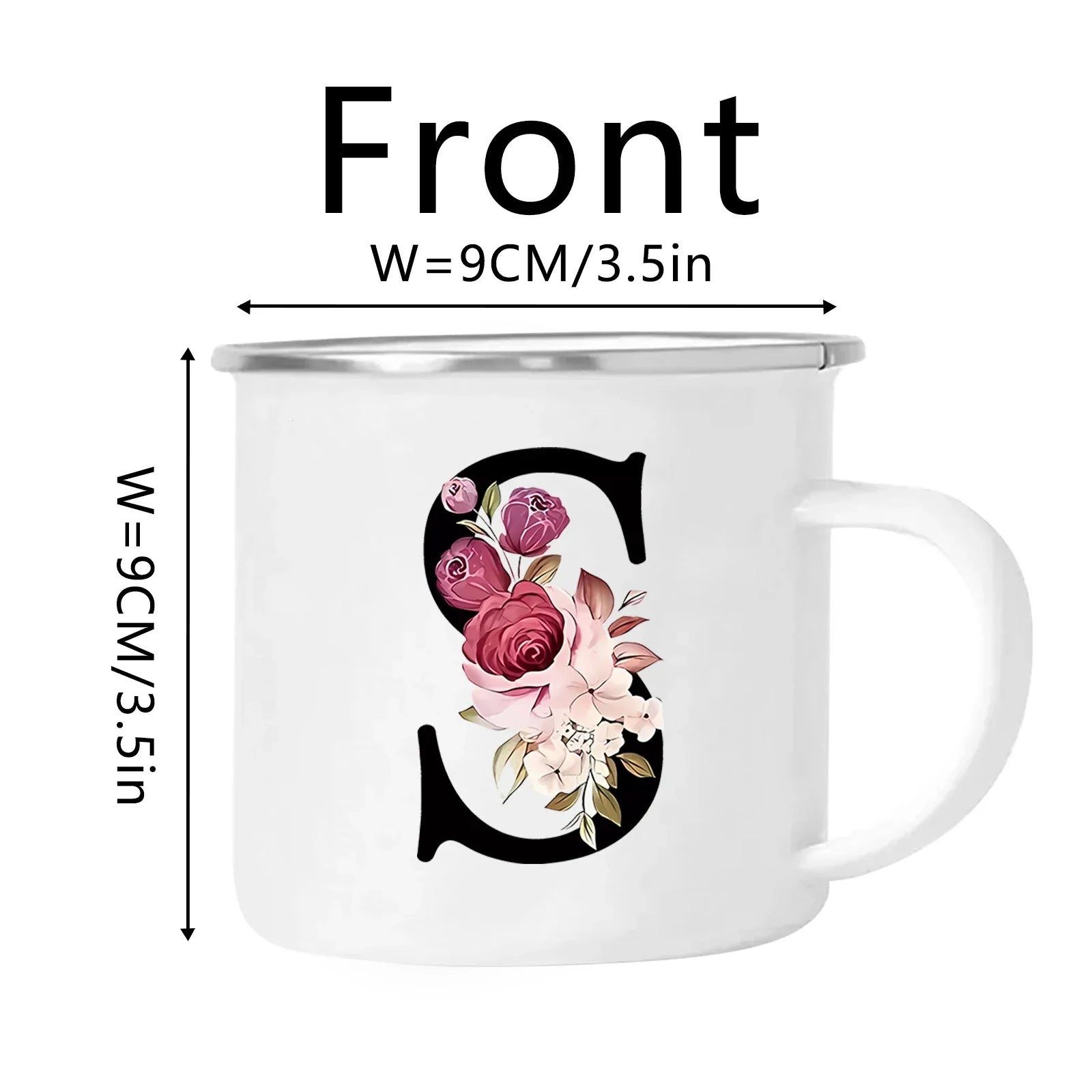 Cravinc 12oz Floral Letters Enamel Coffee Mug with Handle for Camping and Travel