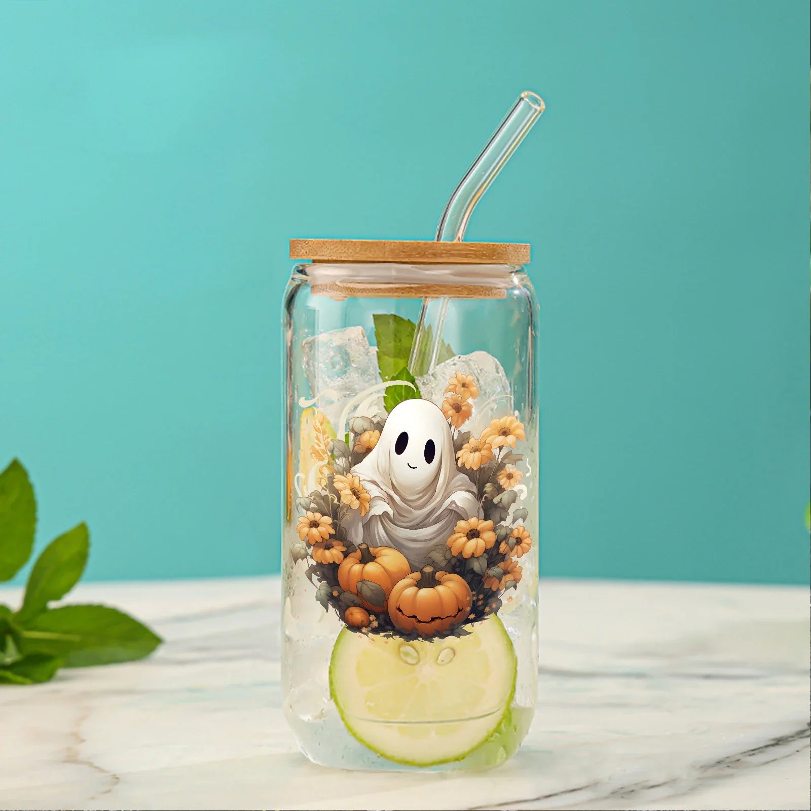 Cravinc 16oz Ghost In Flowers Glass Cup With Bamboo Lid & Straw