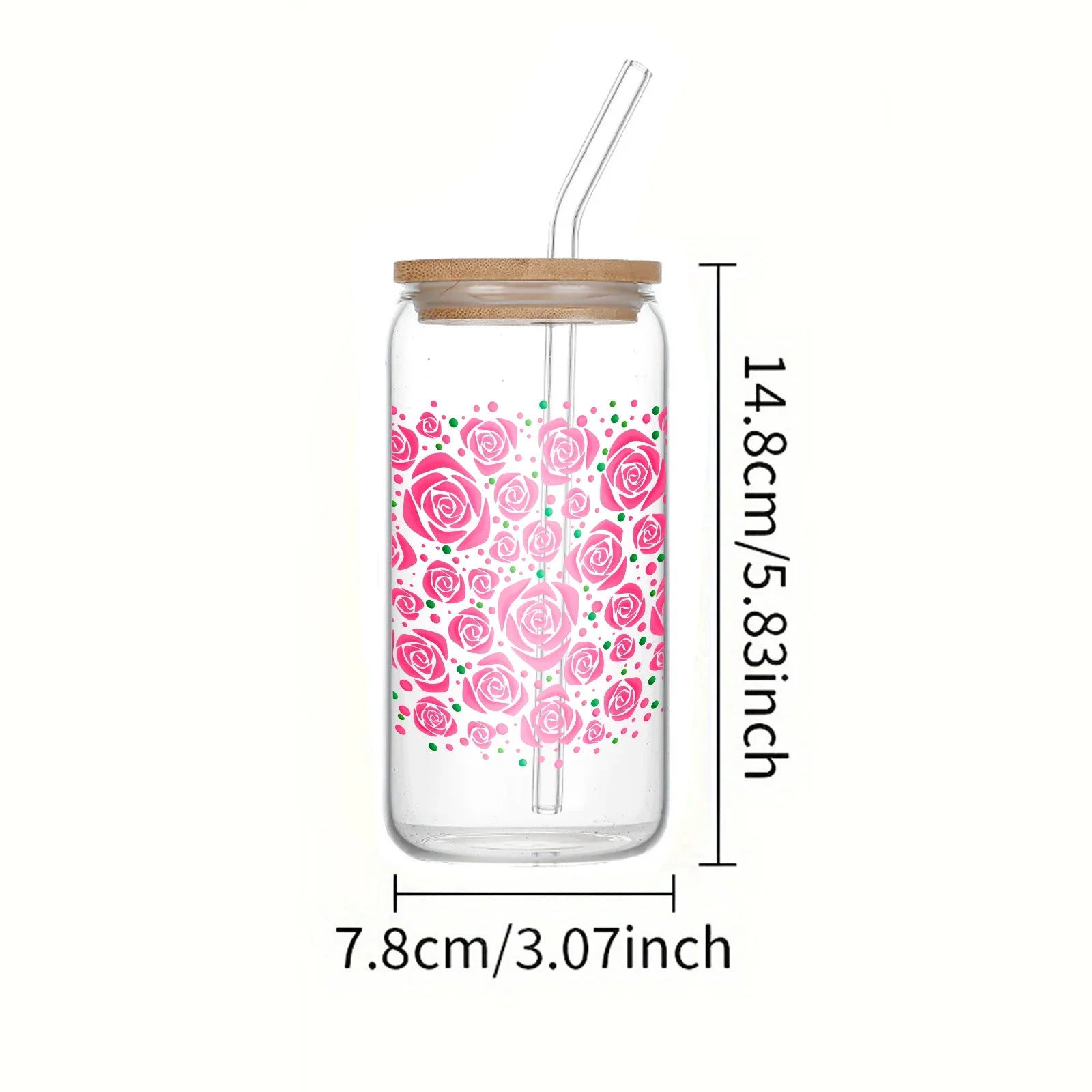 Cravinc 16oz Glass Cup with Pink Rose Pattern 3D Print and Bamboo Lid