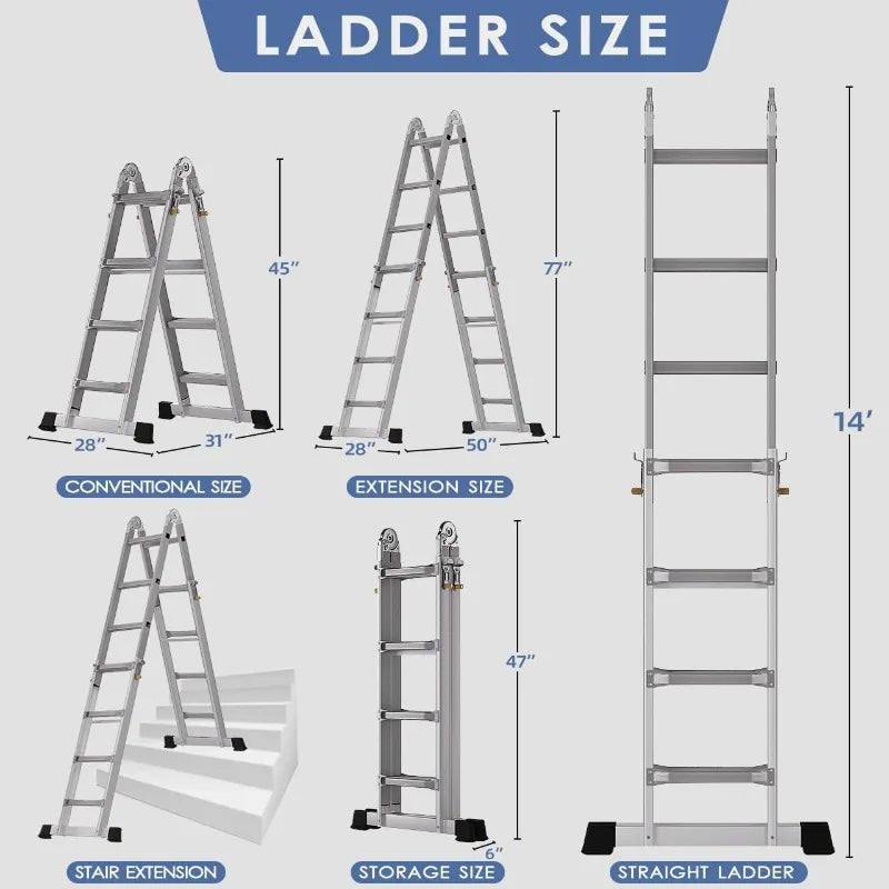 Cravinc 17ft Aluminum Frame Extension Ladder: Anti-Slip Multi-Position Telescoping Folding Ladder