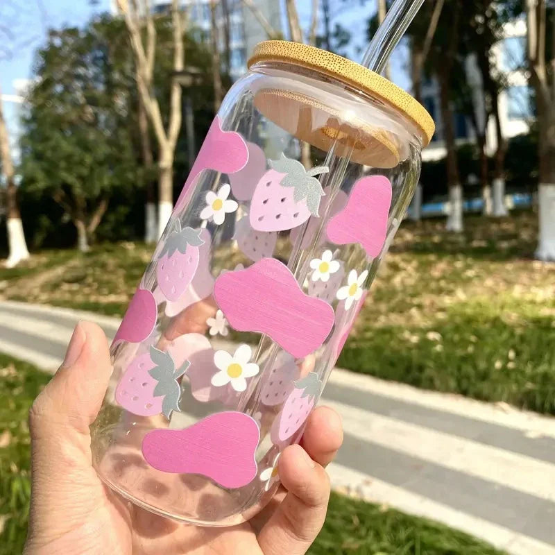 Cravinc 16oz Strawberry Clear Glass Can with Bamboo Lid & Custom Sticker