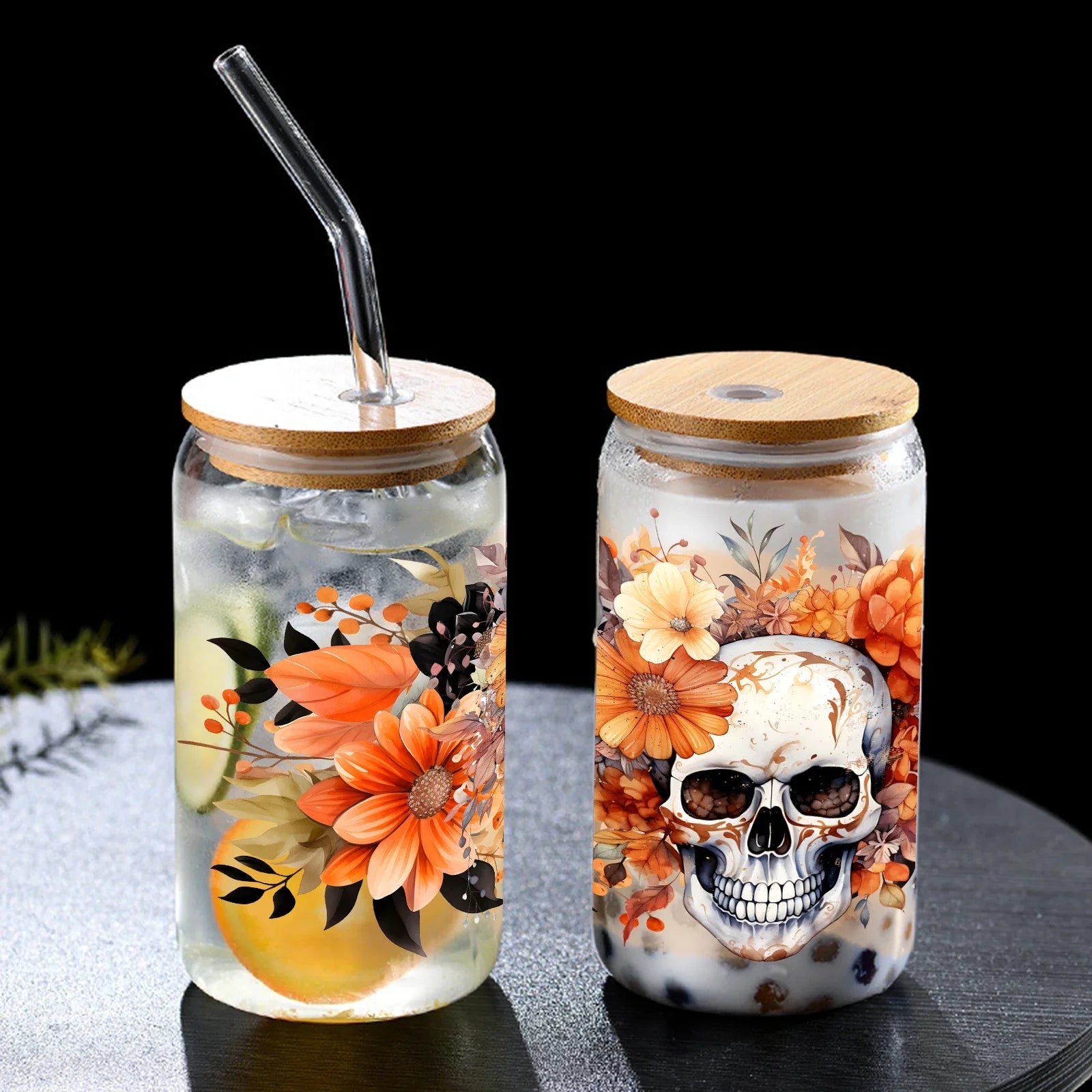 Cravinc 16oz Skull Glass Bottle with Bamboo Lid & Straw - Halloween Kids Gift