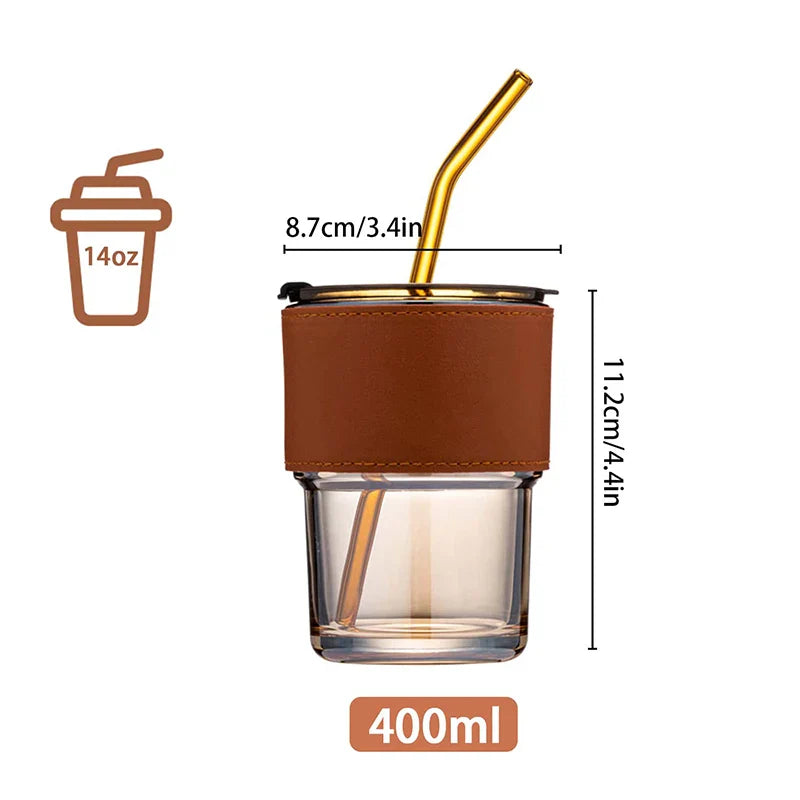 Cravinc 14 oz Glass Cups with Lids and Straws - Leather Sleeve for Iced Drinks