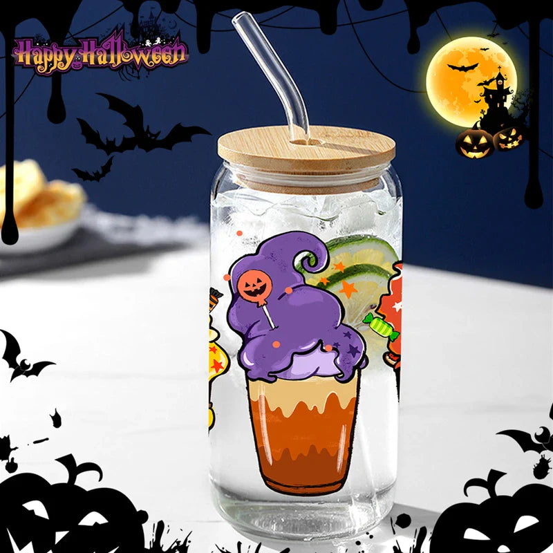 Cravinc 16oz Halloween Glass Cup Bamboo Lid Straw Set Heat-Resistant Juice Coffee Glass