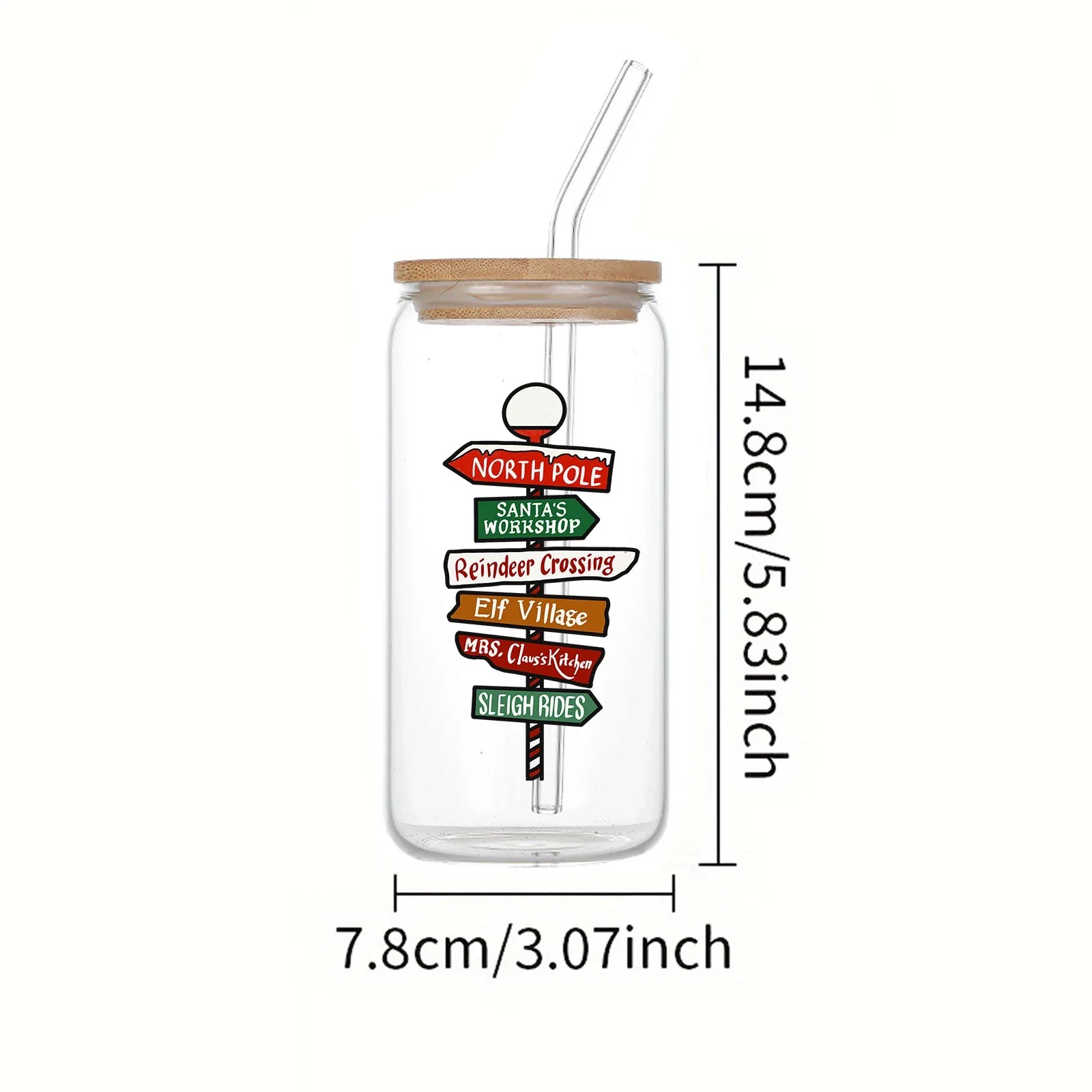 Cravinc 16oz Christmas Drinking Glass Can with Bamboo Lid and Straw