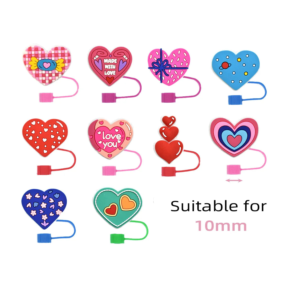 Cravinc 10pcs Valentine's Silicone Straw Cover Set for 10mm Straws