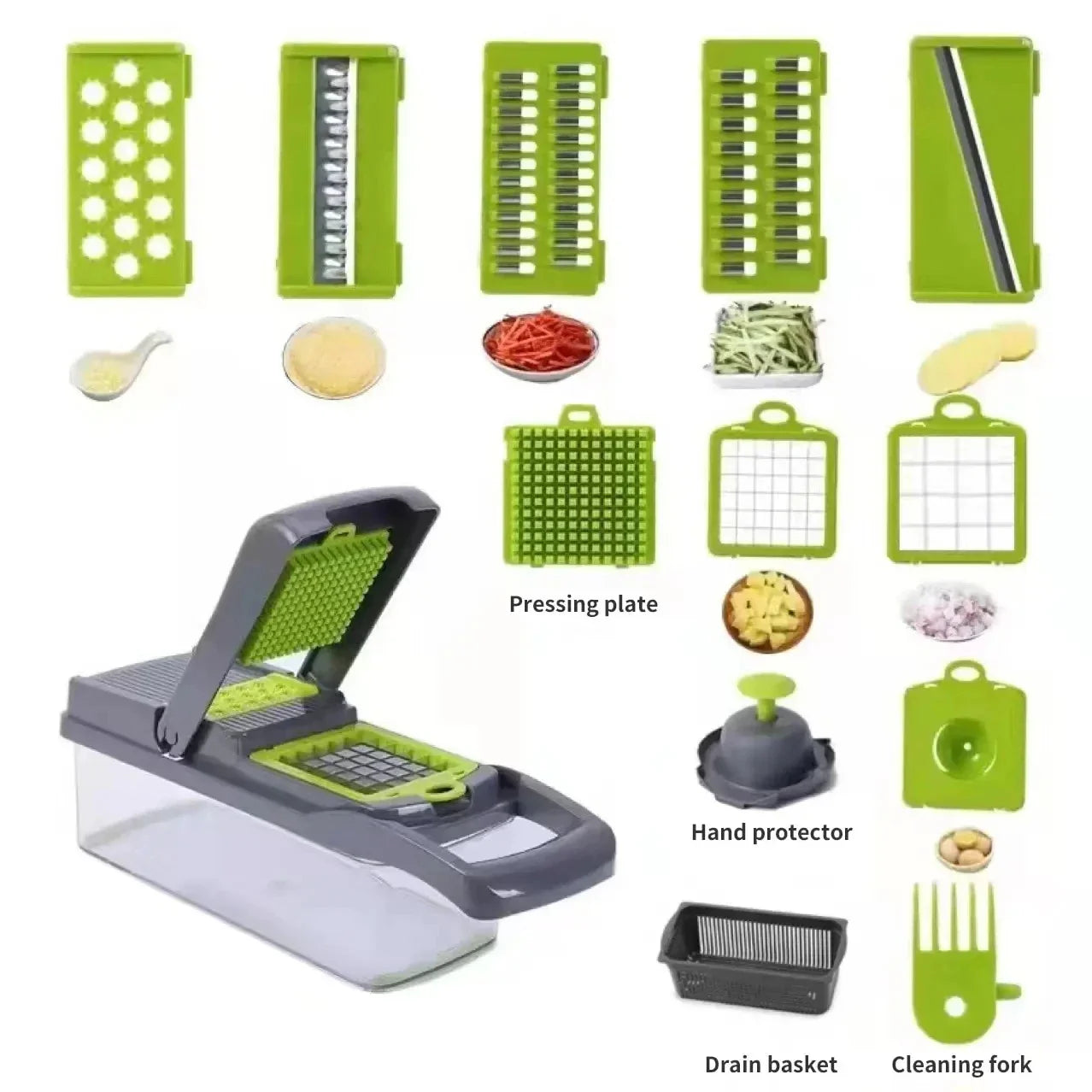 Cravinc 14-in-1 Vegetable Cutter Slicer with Basket – Green & Black