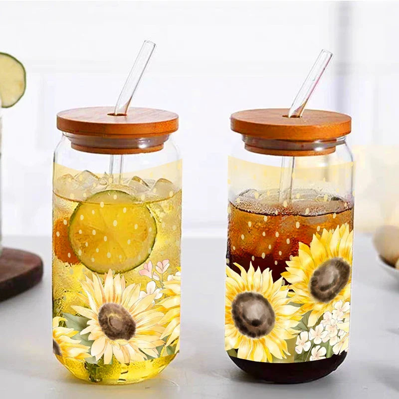 Cravinc 16oz Sunflower Glass Mason Jar with Bamboo Lid & Straw