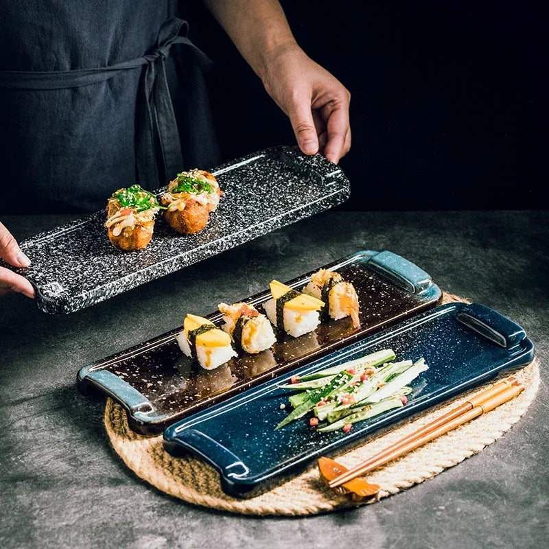 Cravinc 13" Japanese Rectangular Sushi Plate Blue Glazed Ceramic Restaurant Dish