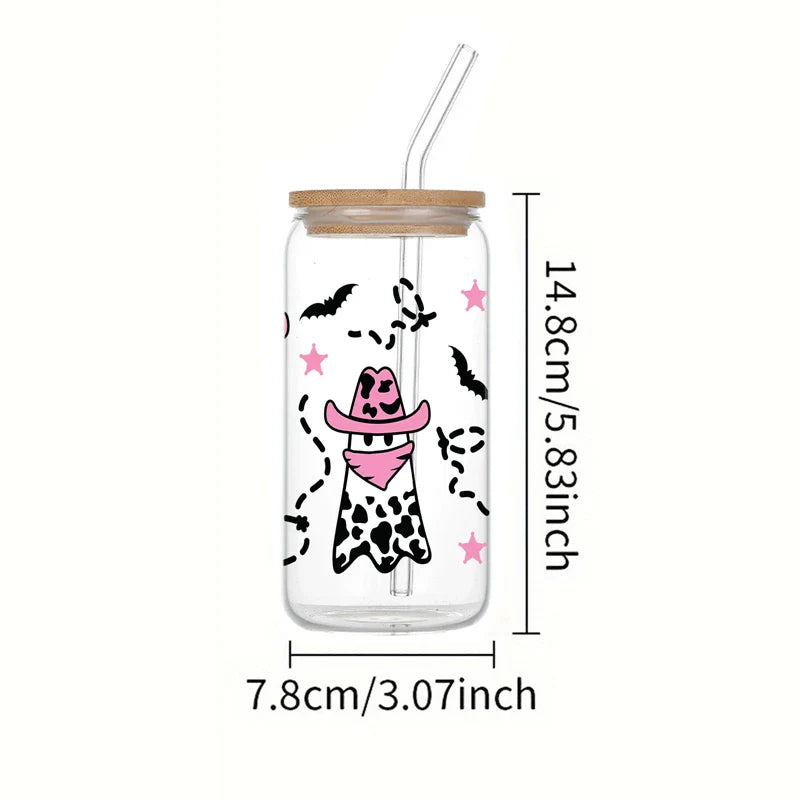 Cravinc 16oz Cow Ghost Glass Cup With Bamboo Lid & Straw - Heat-Resistant Juice Coffee Glass