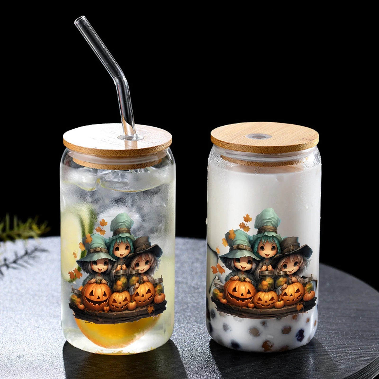 Cravinc 16oz Pumpkin Glass Cup With Lid & Straw - Halloween Gift