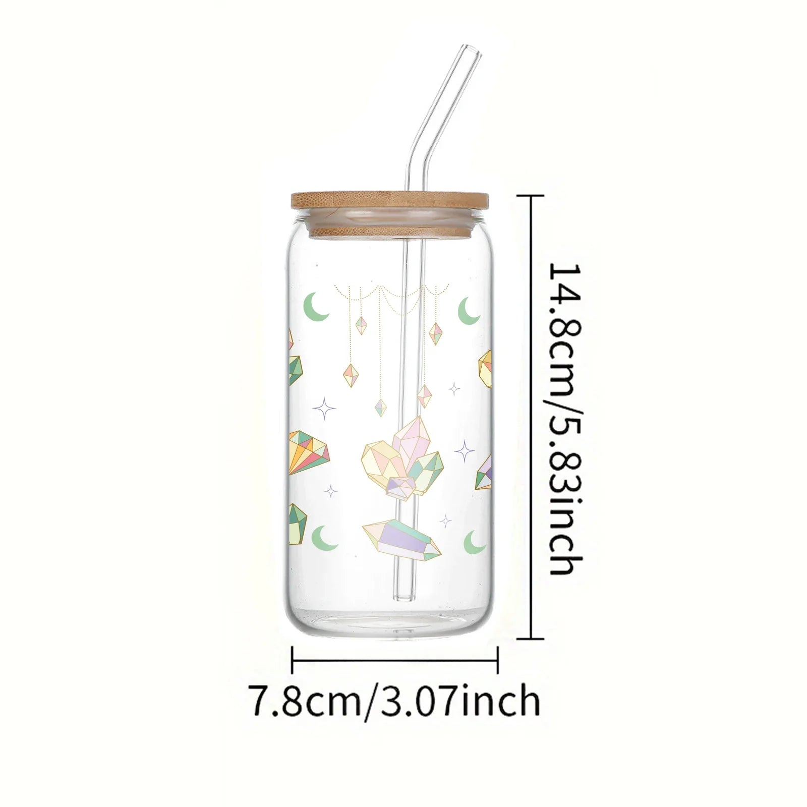 Cravinc 16oz Glass Can with Colorful Pattern, Bamboo Lid & Straw - Drinkware Bottle