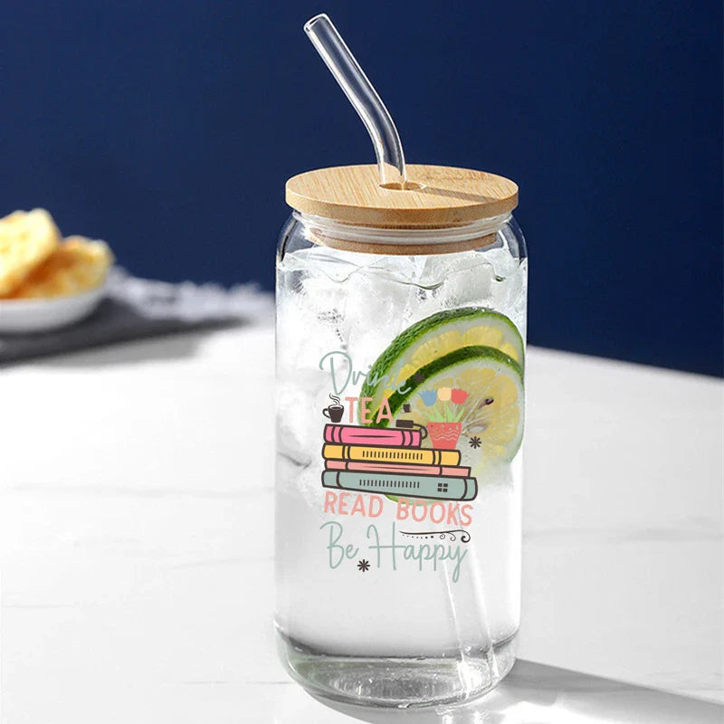 Cravinc 16oz Glass Can with Lid and Straw - Library Lover's Summer Cup