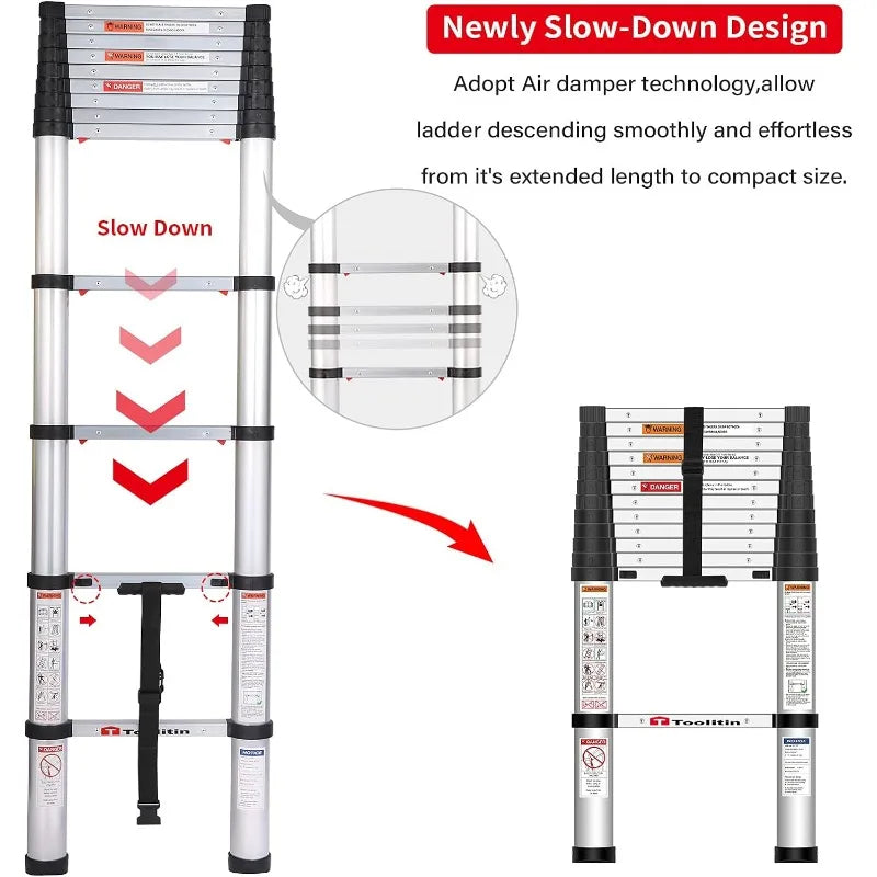 Cravinc 12.5FT Telescopic Aluminum Extension Ladder, One Button Retraction, Soft Close Design.