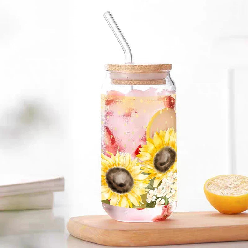 Cravinc 16oz Sunflower Glass Mason Jar with Bamboo Lid & Straw