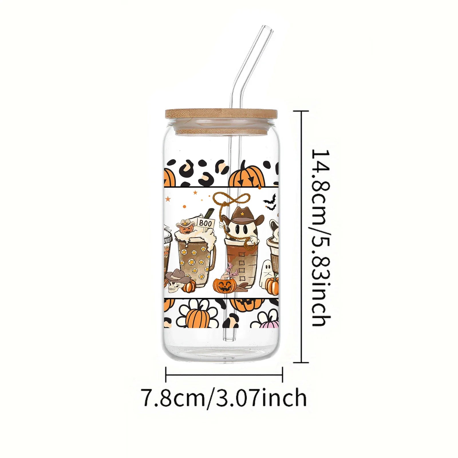 Cravinc 16oz Pumpkin Pattern Glass Coffee Tumbler with Lid & Straw