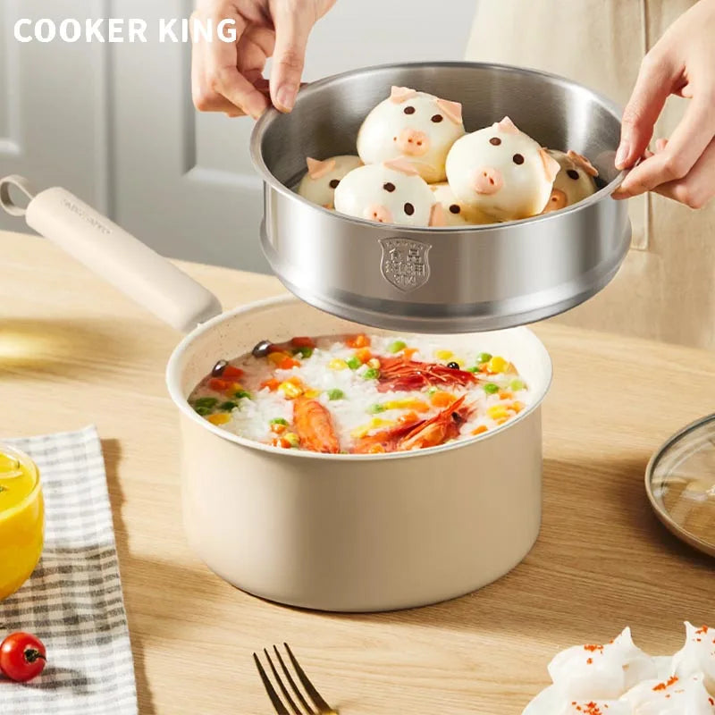 Cravinc 16/18CM Medical Stone Saucepan with Baby Food Steamer and Non-Stick Noodle Pot