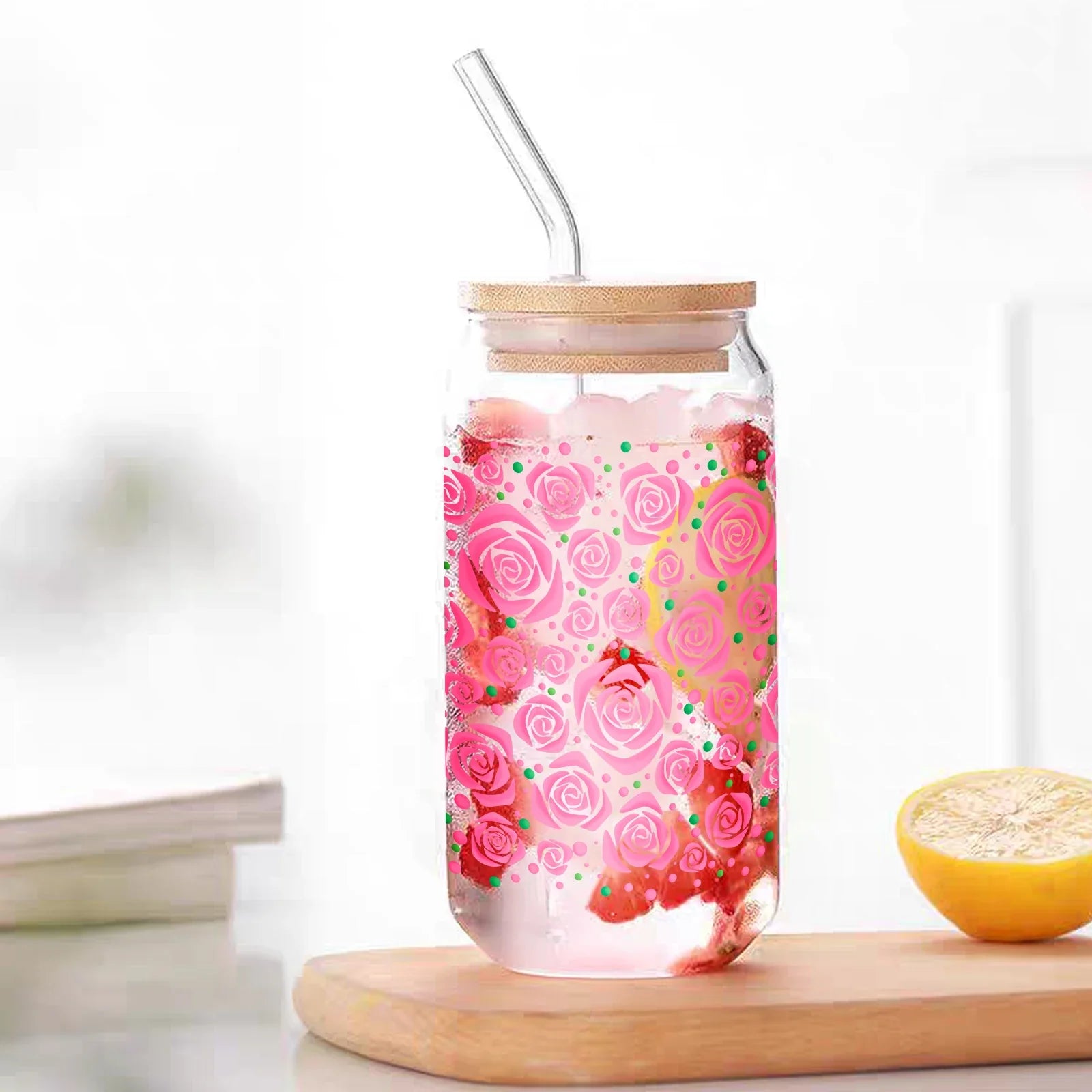 Cravinc 16oz Glass Cup with Pink Rose Pattern 3D Print and Bamboo Lid