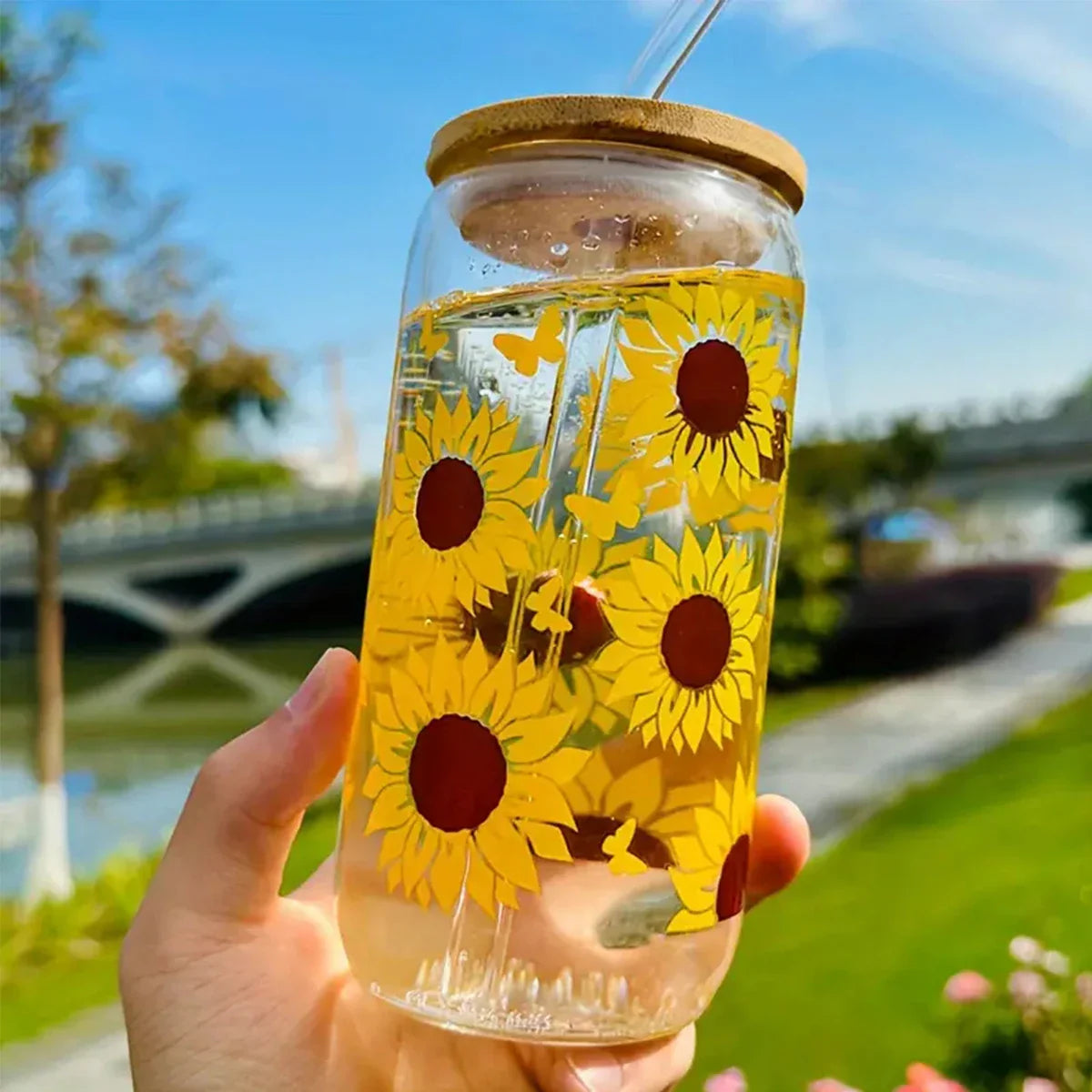 Cravinc 16oz Sunflower Butterfly Glass Tumbler: Summer Gift for Juice, Tea, or Water