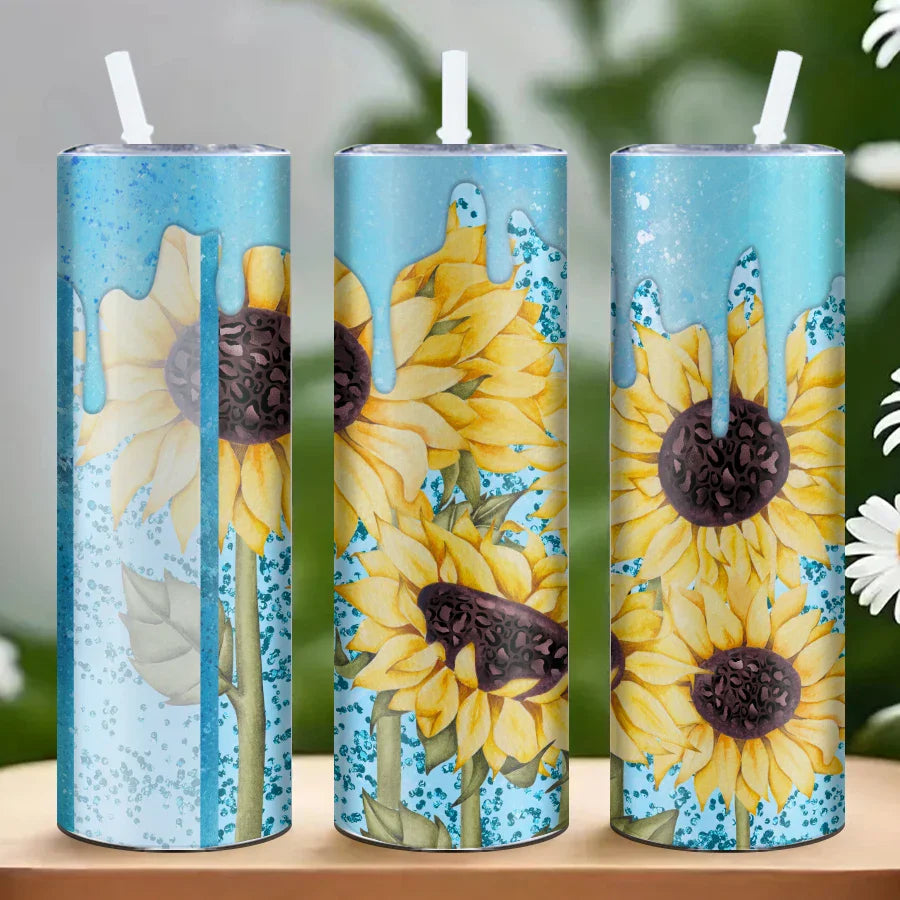 Blue Sunflower Shiny Sublimation Stainless Steel Tumbler by Cravinc