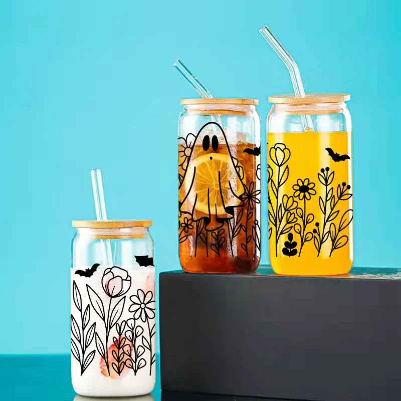 Cravinc 16oz Floral Ghost Glass Cup with Bamboo Lid & Straw for Halloween Gifts