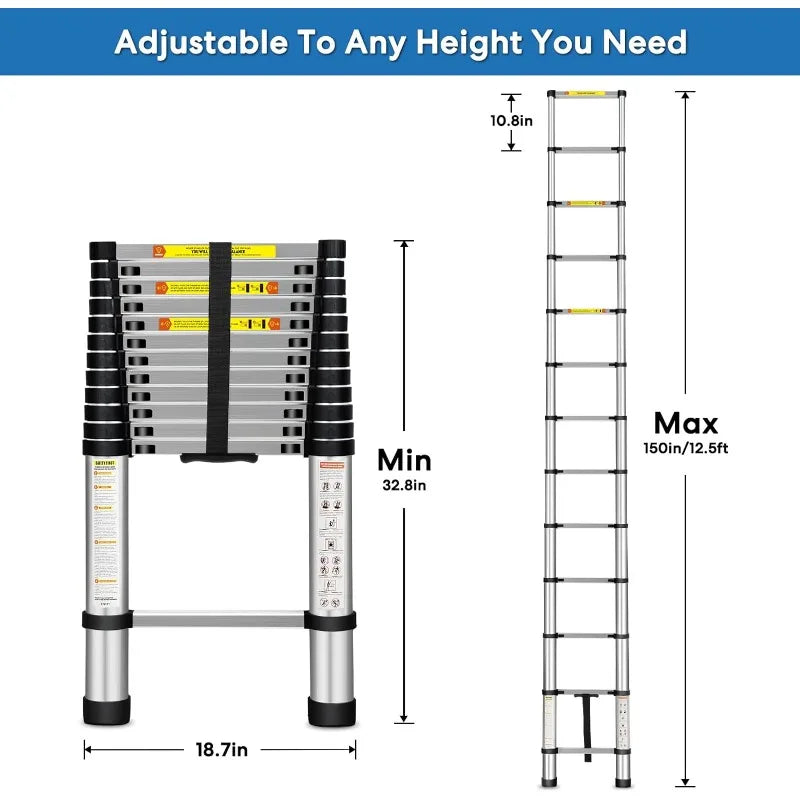 Cravinc 12.5FT Aluminum Telescopic Extension Ladder with Non-Slip Feet