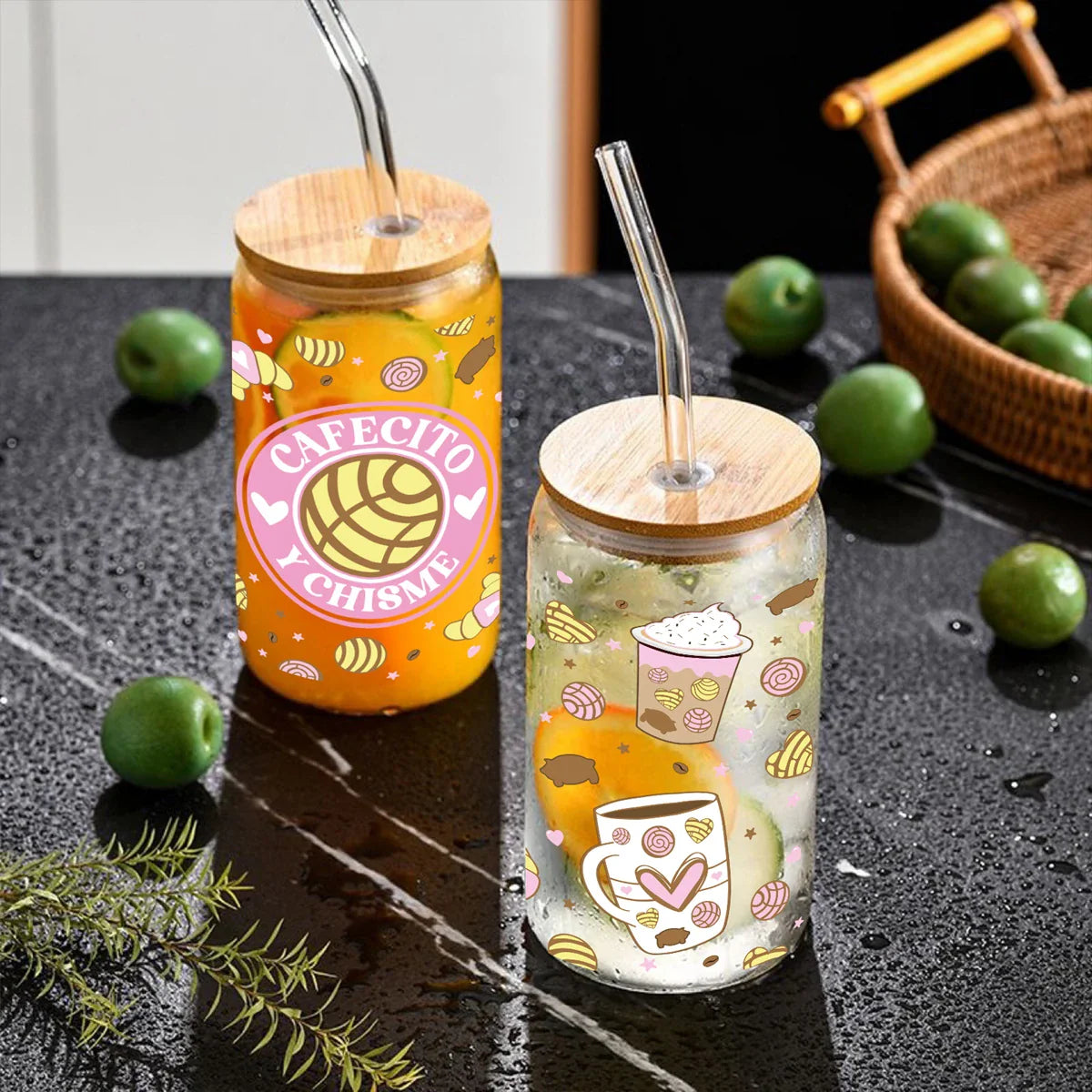 Cravinc 16oz Sublimation Glass Bottle with Bamboo Lid & Straw: Cute Printed Drinkware