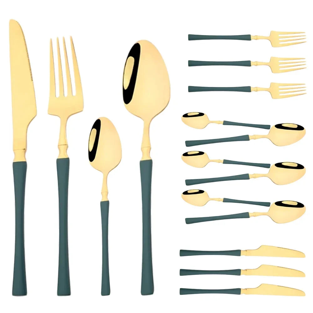 Cravinc 16-Piece Green Gold Stainless Steel Cutlery Set for Elegant Dining