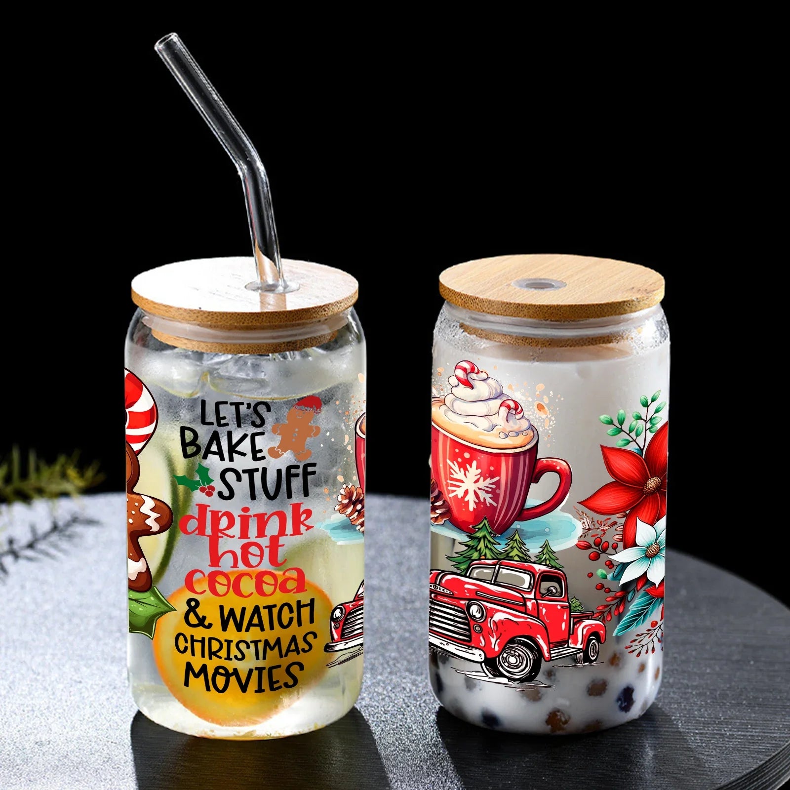 Cravinc 16oz Christmas Pattern Glass Can with Bamboo Lid and Straw