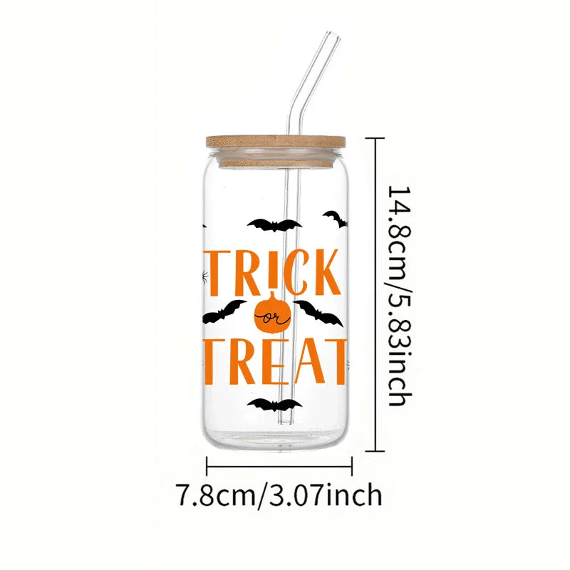 Cravinc 16oz Trick Or Treat Glass Cup Bamboo Lid&Straw