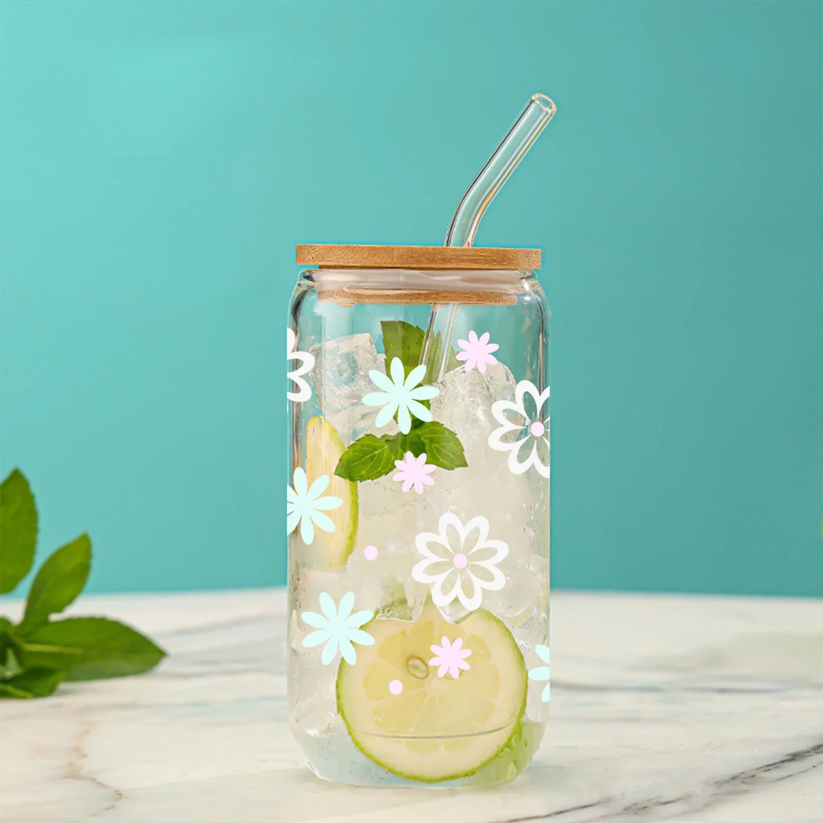 Clear Glass Bamboo Lid Straw Cup Light Flowers Style - Cravinc Juice Drinkware