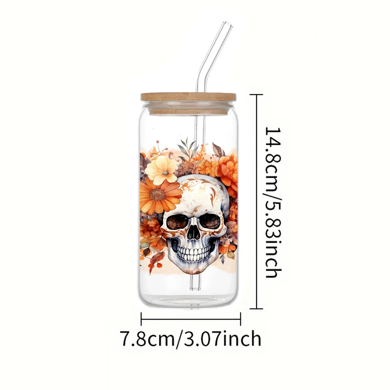 Cravinc 16oz Skull Glass Bottle with Bamboo Lid & Straw - Halloween Kids Gift