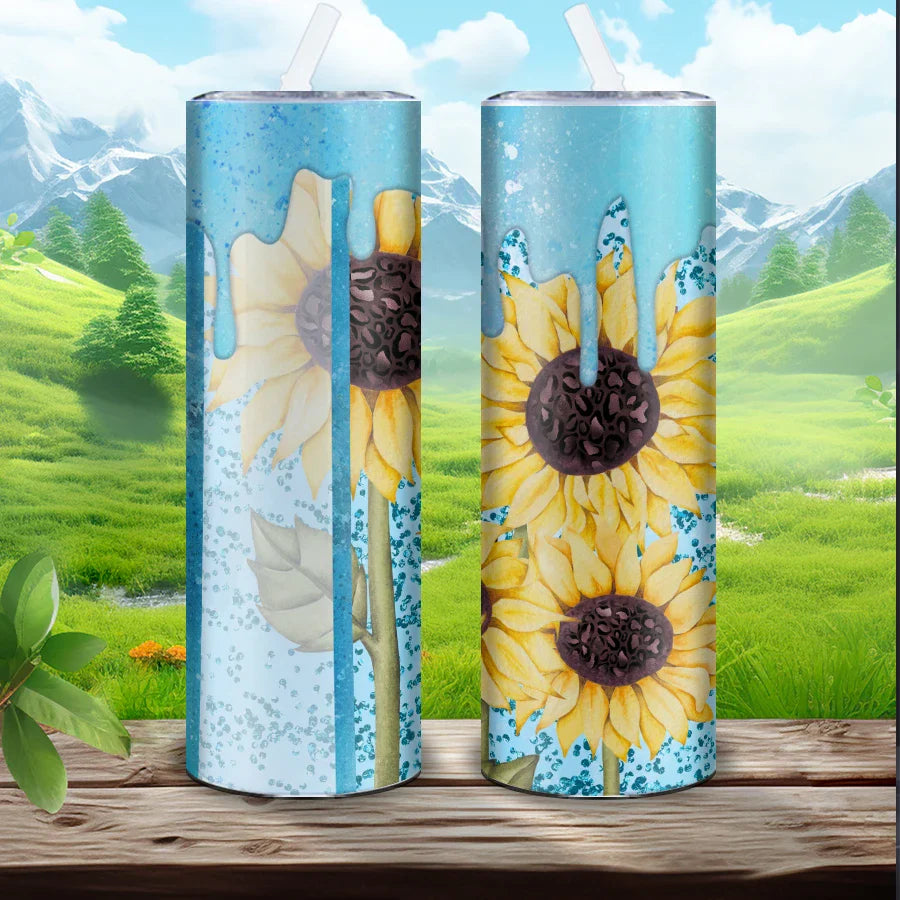 Blue Sunflower Shiny Sublimation Stainless Steel Tumbler by Cravinc