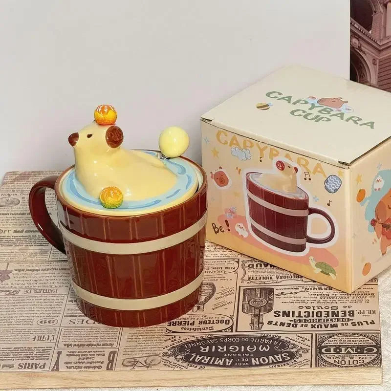 Capybara Cup for Tea Coffee Mug with Lid and Spoon Cute Cartoon Animal Design