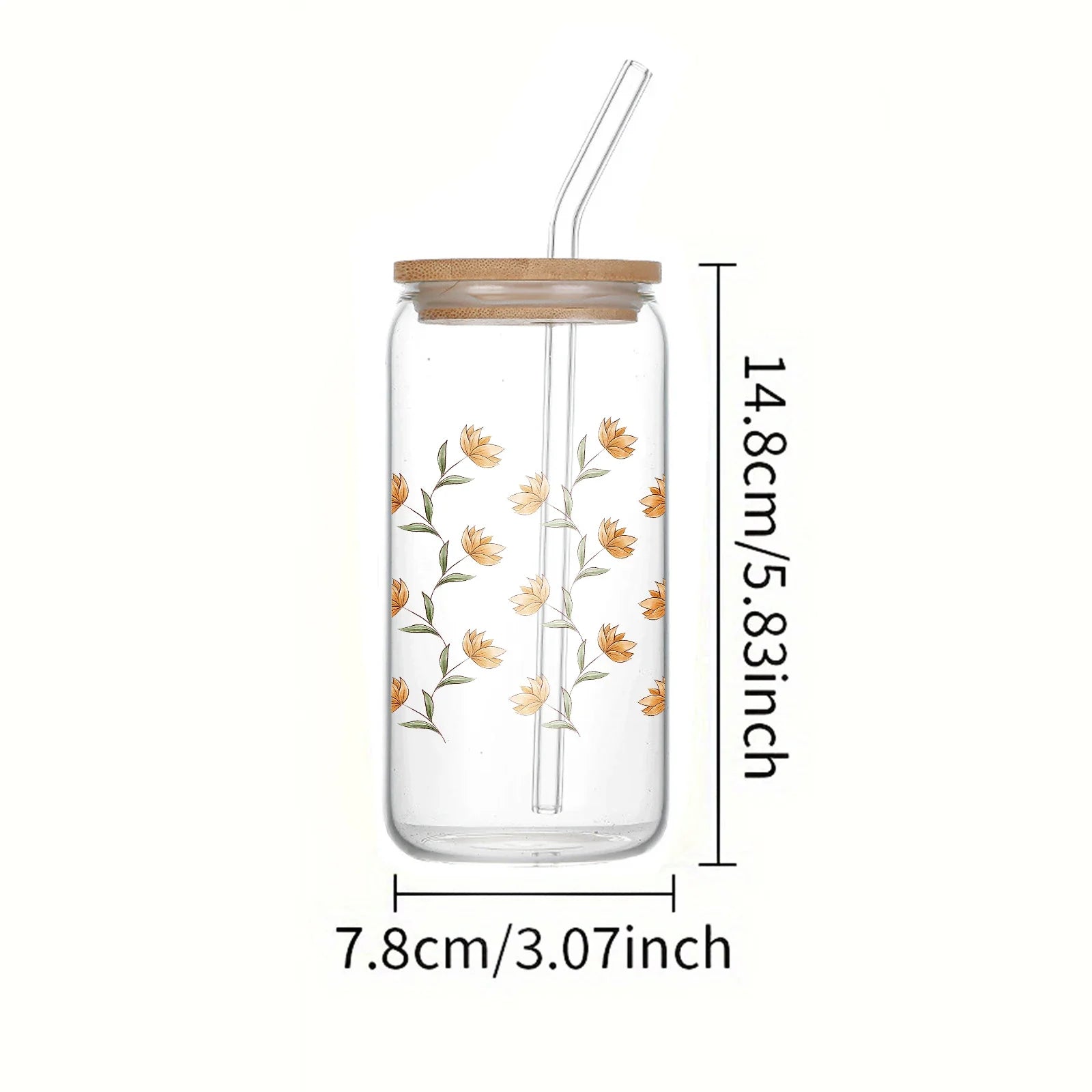 Cravinc 16oz Glass Cup with Flower Pattern 3D Print, Bamboo Lid & Straw