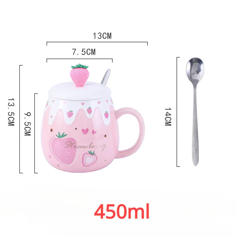 450ml Cravinc Strawberry Ceramic Cup with Lid & Spoon - Cute Gift, Easy to Clean