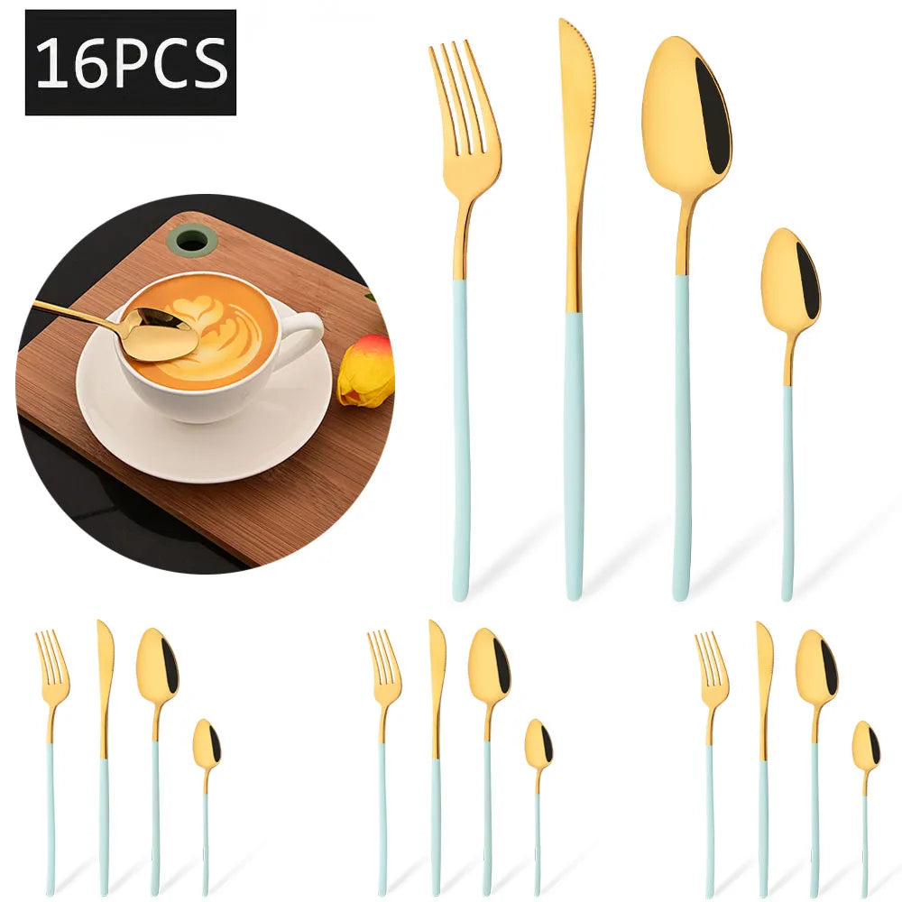 Cravinc 16-Piece Black Gold Stainless Steel Flatware Set