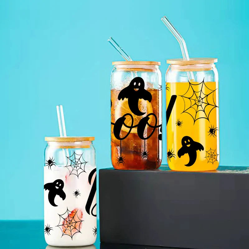 Cravinc 16oz Spider Web Glass Cup with Bamboo Lid & Straw for Halloween Gifts