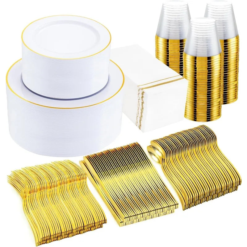 Clear & Gold Plastic Dinnerware Set for 50 Guests by Cravinc - Disposable Plates & Napkins