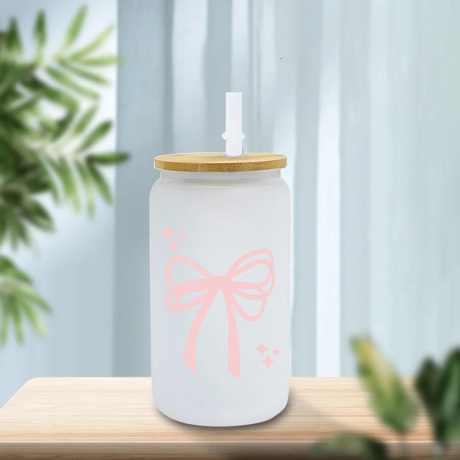 Cravinc 16oz Pink Bow Glass Bottle with Bamboo Lid & Straw