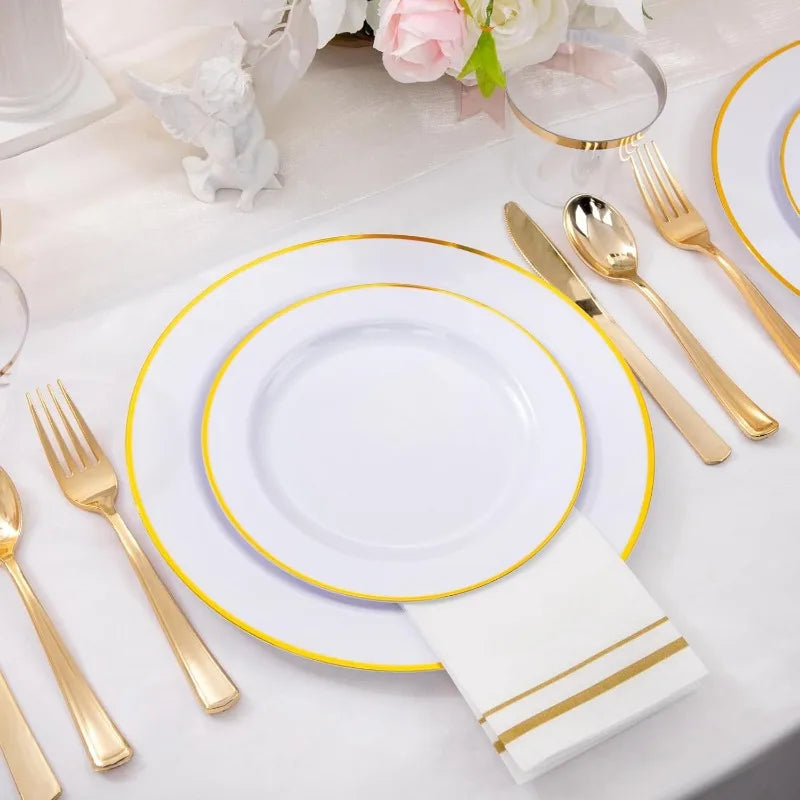 Clear & Gold Plastic Dinnerware Set for 50 Guests by Cravinc - Disposable Plates & Napkins