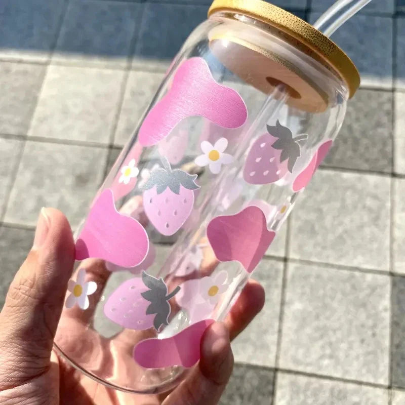 Cravinc 16oz Strawberry Clear Glass Can with Bamboo Lid & Custom Sticker