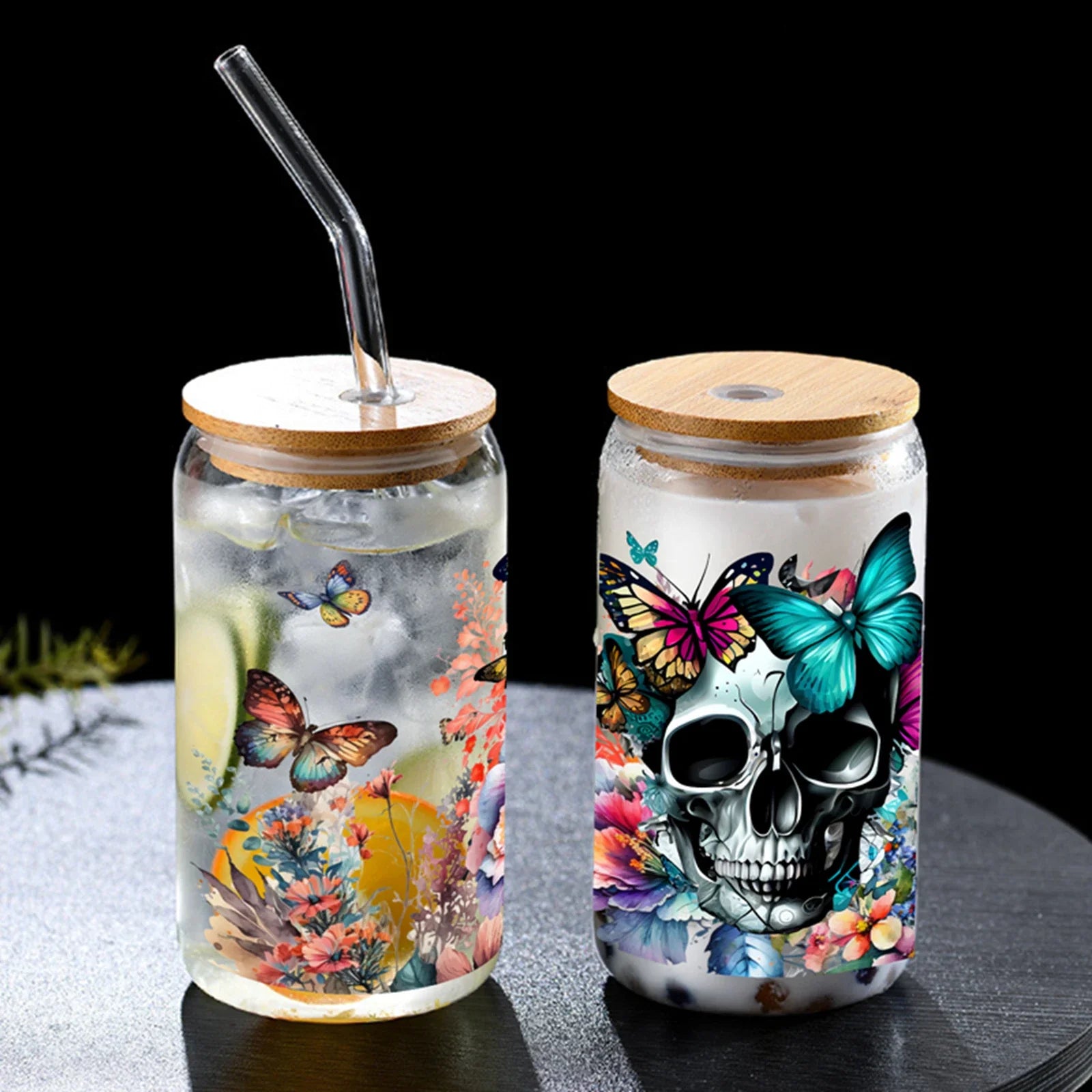 Cravinc 16oz Butterfly Skull Glass with Bamboo Lid & Straw - Halloween Drinkware