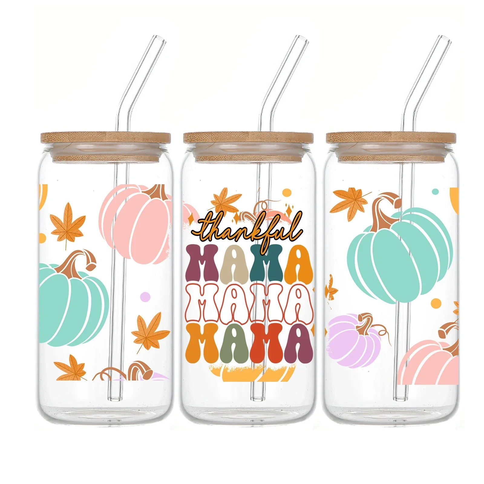 Cravinc 16oz Printed Glass Tumbler with Lid & Straw - Perfect Mother's Day & Thanksgiving Gift