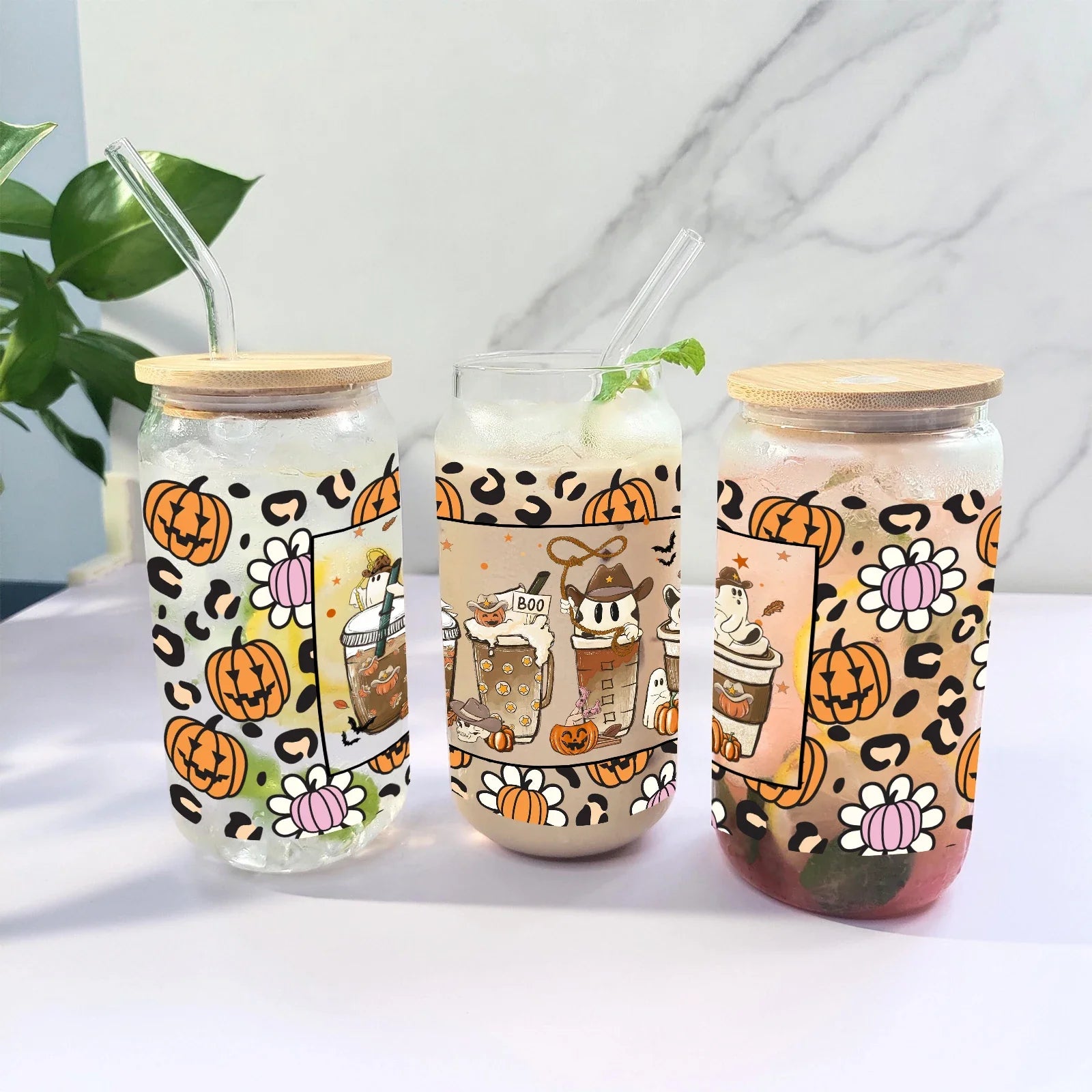 Cravinc 16oz Pumpkin Pattern Glass Coffee Tumbler with Lid & Straw