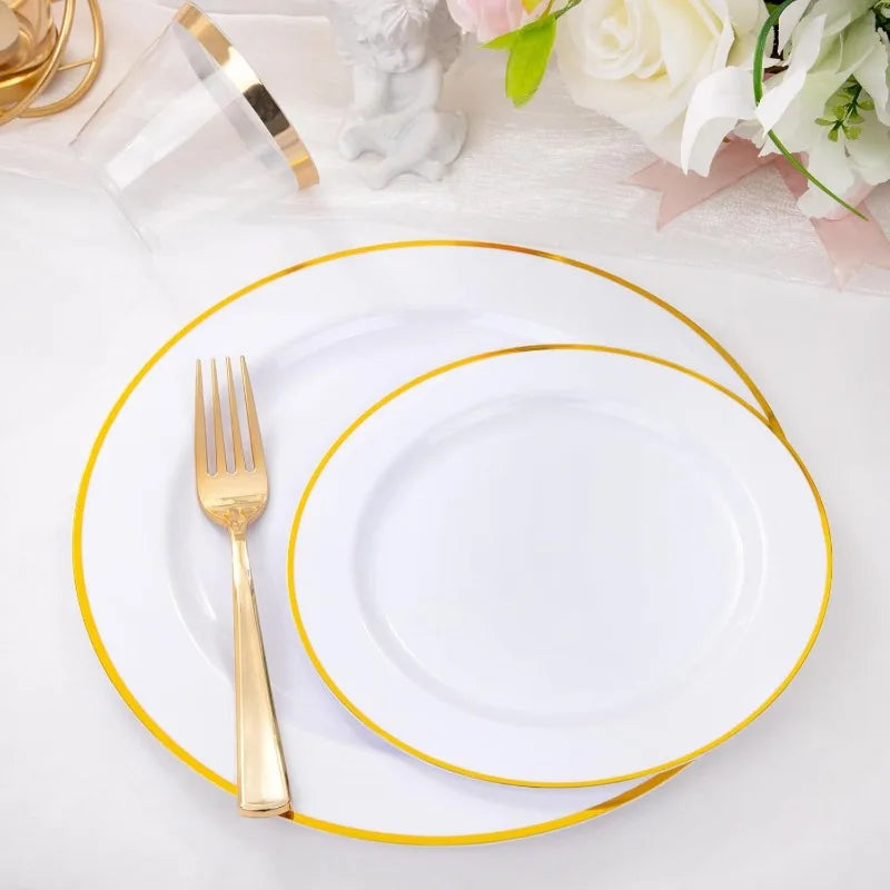 Clear & Gold Plastic Dinnerware Set for 50 Guests by Cravinc - Disposable Plates & Napkins