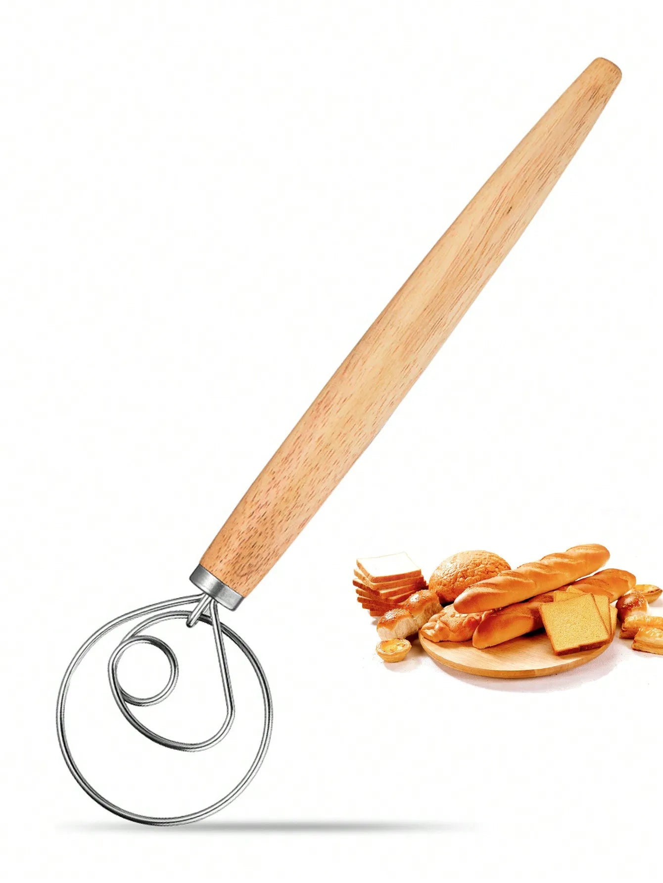 Cravinc 13" Danish Dough Whisk with Wooden Handle - Stainless Steel Bread Mixer